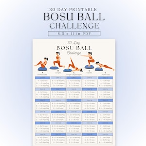 Poster för balansträning med Bosu-boll | 30-dagarsutmaning | Utskrivbar Bosu-träning | Guide till balansträning | Helkroppsövningar | PDF-nedladdning