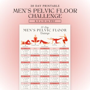 Puede incluir: Guía imprimible del desafío de 30 días para el suelo pélvico masculino. El PDF incluye diagramas de ejercicios y un programa diario para ejercicios como clamshells, postura de zapatero y sentadillas. El documento mide 21,6 x 27,9 cm.