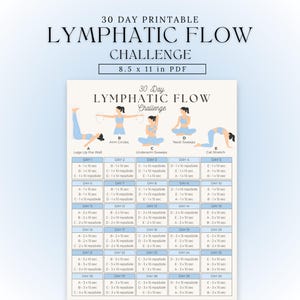 May include: A printable 30-day lymphatic flow challenge in PDF format. The chart includes exercises like arm circles and neck sweeps, with daily instructions for reps and sets. The document is 8.5 x 11 inches.