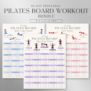 Pode incluir: Um pacote de exercícios de Pilates de 30 dias em formato PDF de 21,59 x 27,94 cm. O conjunto inclui três tabelas de treino para glúteos e pernas, core e parte superior do corpo, com exercícios ilustrados e um plano de repetições diário.