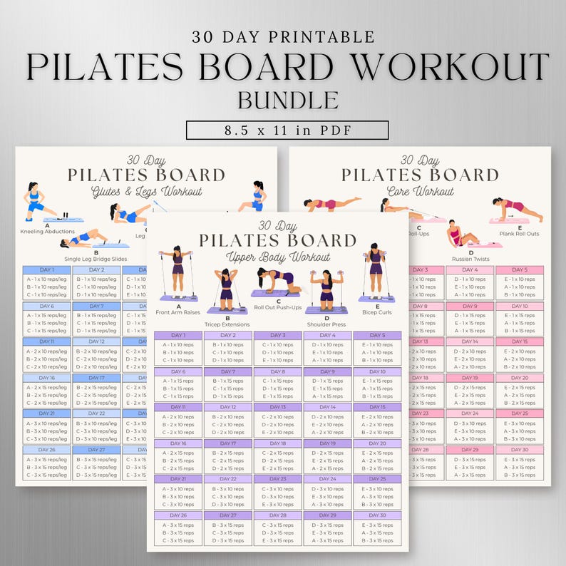 May include: A 30-day printable Pilates board workout bundle in 8.5 x 11 inch PDF format. The set includes three separate workout charts for glutes and legs, core, and upper body, each featuring illustrated exercises and a daily repetition schedule.