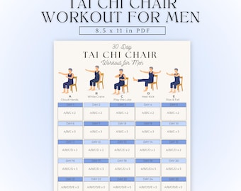 Entrenamientos de Tai Chi en silla para hombres / Reto de 30 días / Tabla de ejercicios de Tai Chi / Entrenamiento en casa / PDF imprimible de ejercicios en silla / Entrenamiento en silla