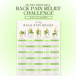 May include: A printable 30-day back pain relief challenge chart. The chart includes illustrations of exercises such as forward fold, knee-to-chest, and upward stretch. The chart is 21.6 x 27.9 cm in PDF format.
