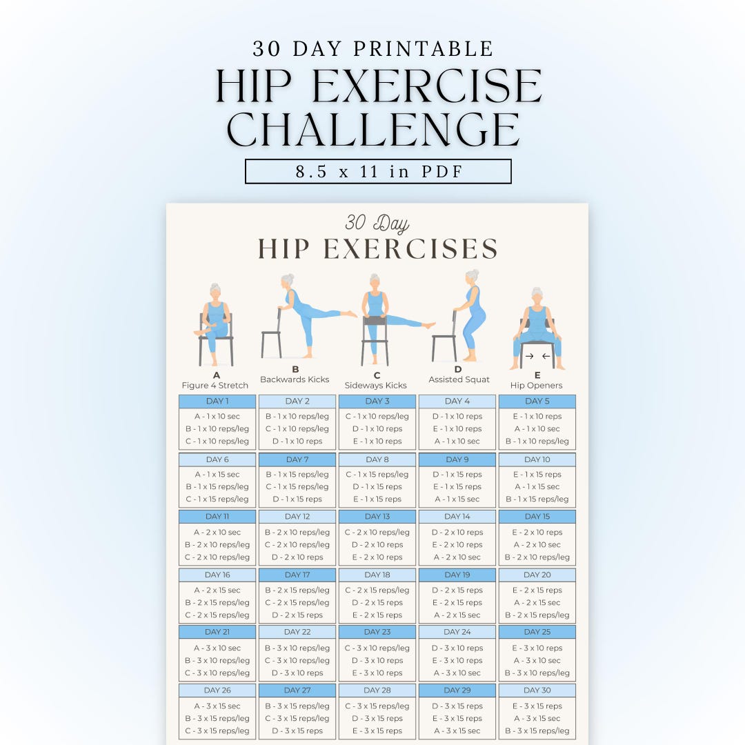 Hip Exercises for Seniors Printable | 30 Day Hip Workout Poster ...