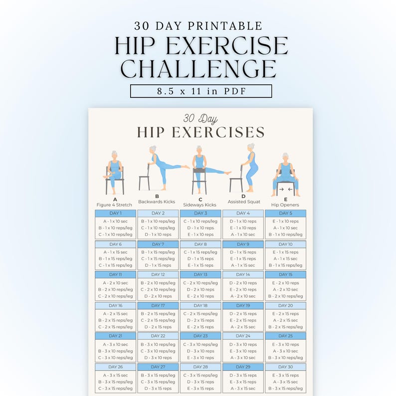 Hip Exercises for Seniors Printable | 30 Day Hip Workout Poster ...