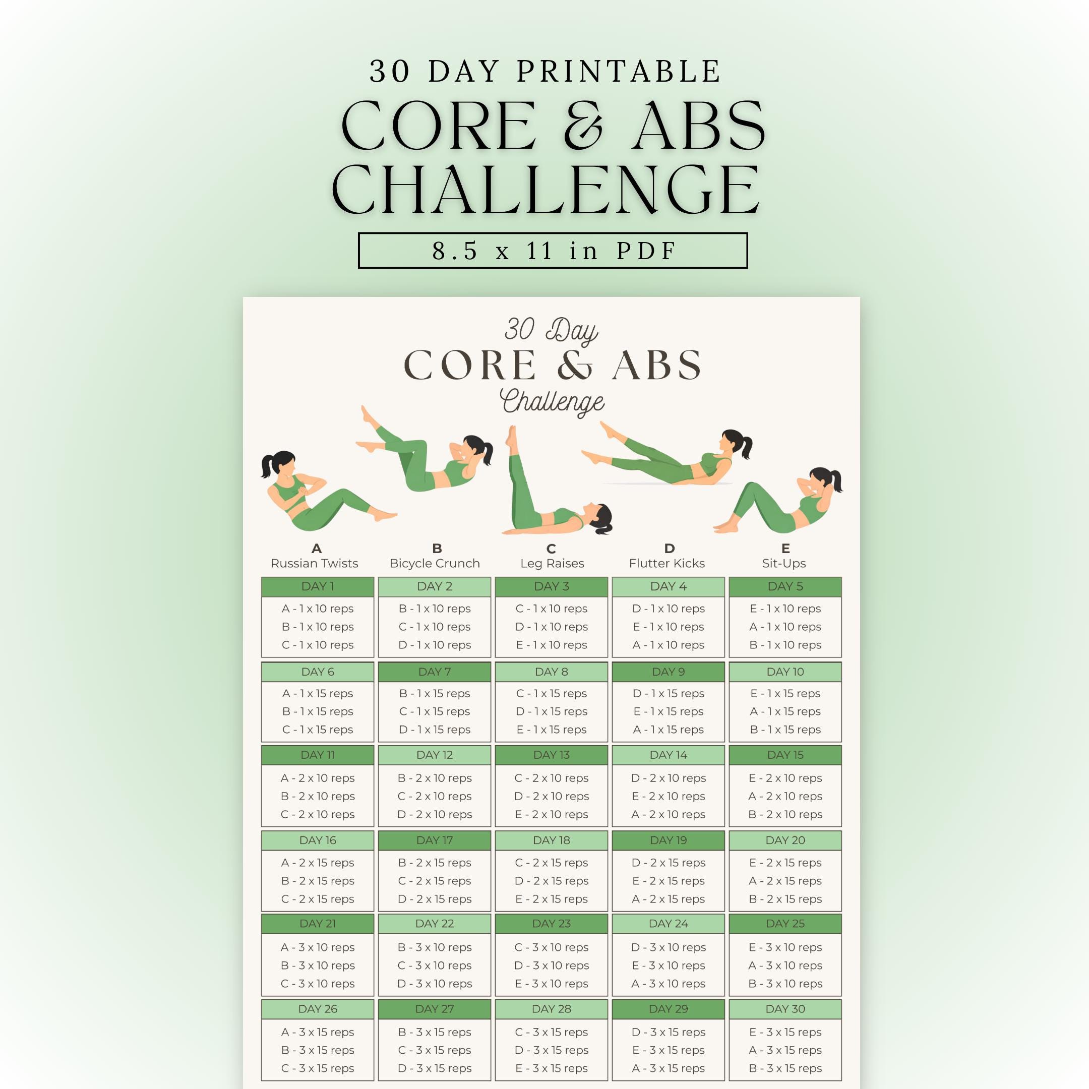 Core & Abs Workout Poster | 30 Day Ab Challenge Printable | Bodyweight ...