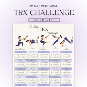 Op de afbeelding: Printbaar 30-daagse TRX Challenge trainingsplan. De PDF bevat oefeningen zoals reverse lunges, crunches, pistol squats, low rows en saw pikes. Het document meet 21,6 x 27,9 cm.