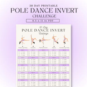 Peut inclure: Un tableau de défi d'inversion de pole dance imprimable sur 30 jours au format PDF de 21,59 x 27,94 cm. Le document présente des illustrations de cinq mouvements de pole dance étiquetés A à E, suivies d'une grille de suivi quotidien.