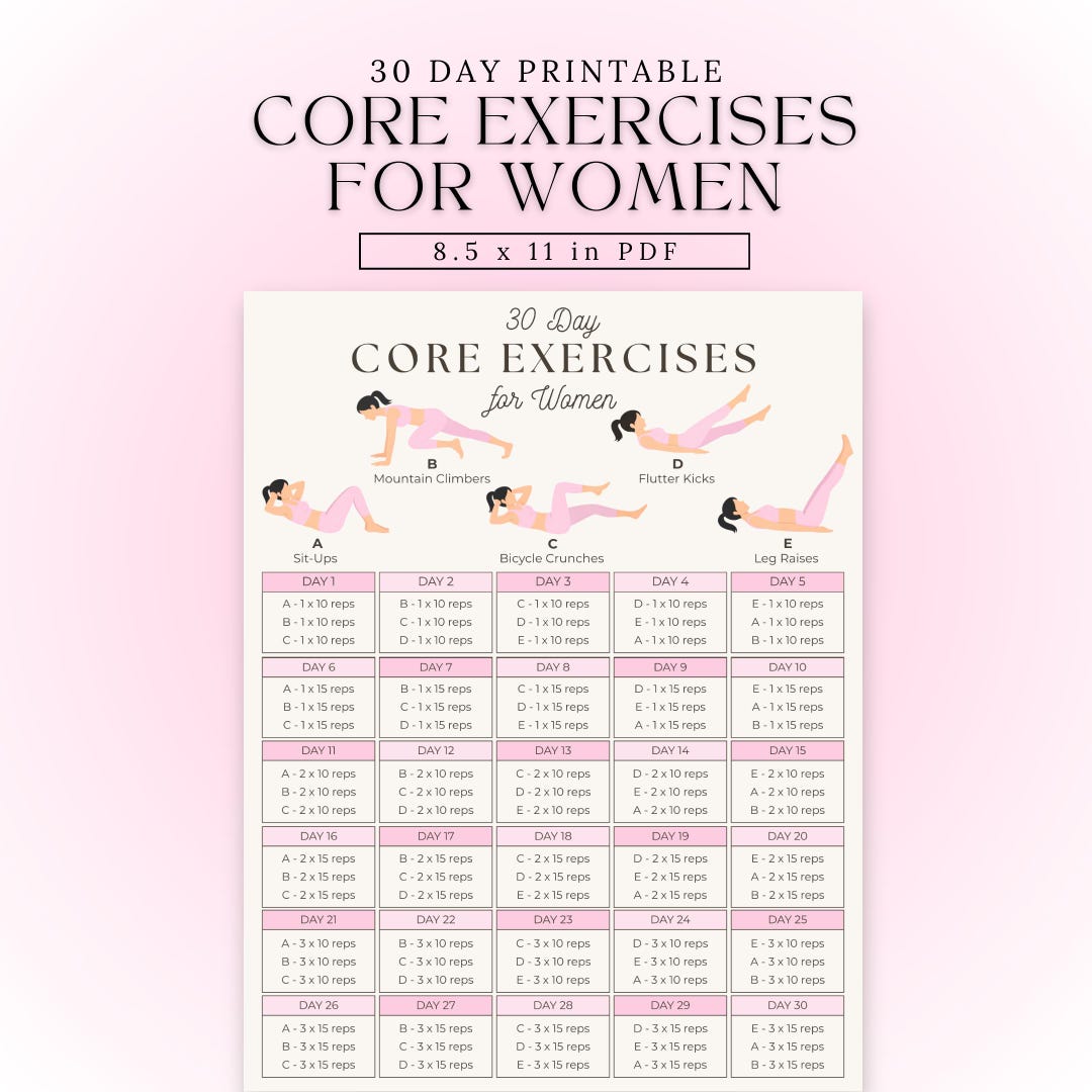Printable Core Exercise Chart Core Exercise Chart | 30 Day Challenge | Core Exercises for Women ...