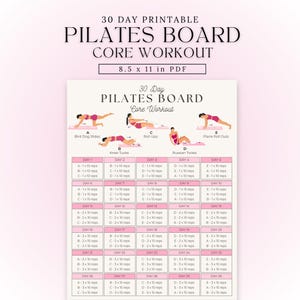 Könnte beinhalten: Ein 30-Tage-Pilates-Board-Core-Workout-Plan als 21,6 x 27,9 cm PDF. Das Dokument enthält Illustrationen von fünf Übungen, die mit A bis E gekennzeichnet sind, gefolgt von einem Raster mit den täglichen Wiederholungszahlen für jede Übung.