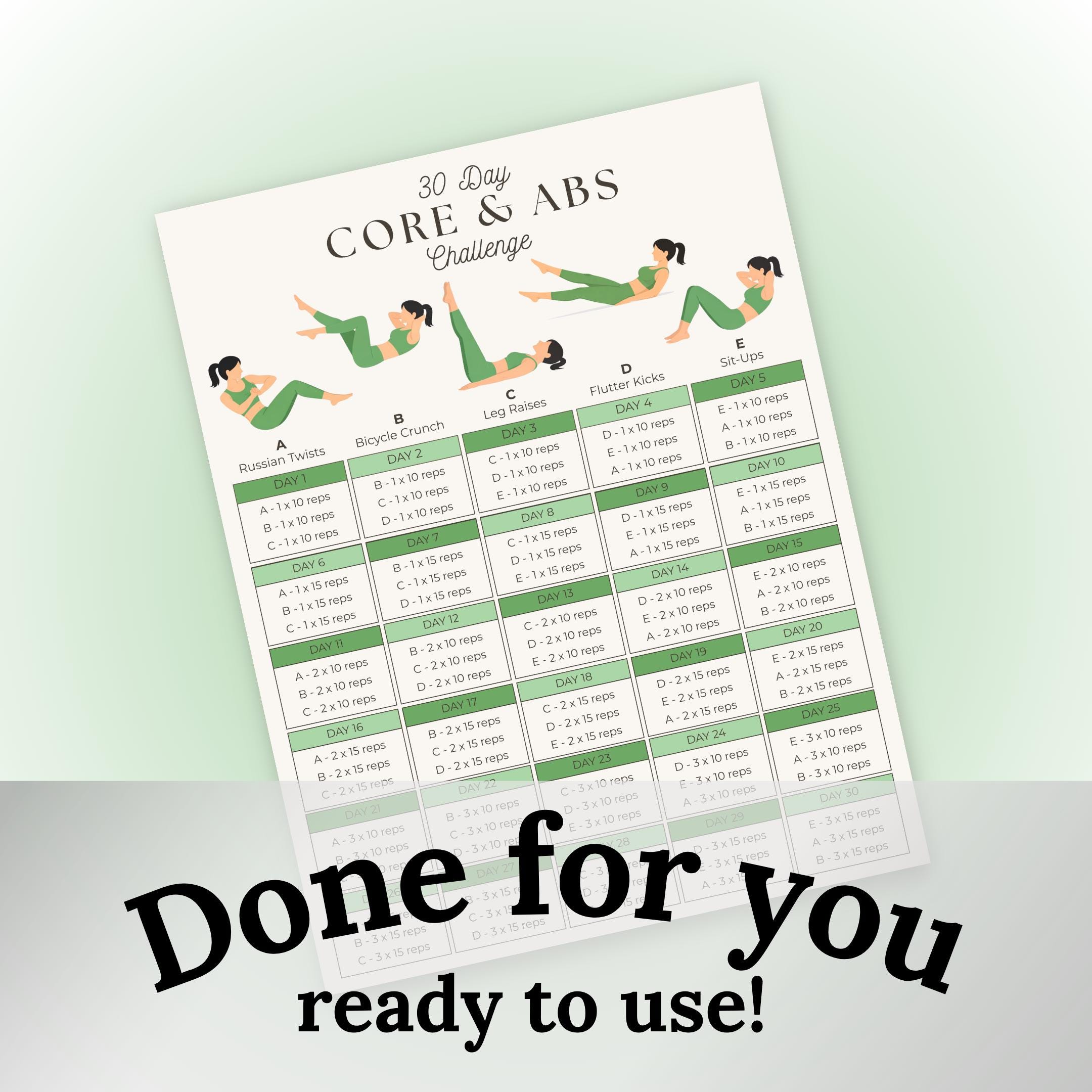 Core & Abs Workout Poster | 30 Day Ab Challenge Printable | Bodyweight ...