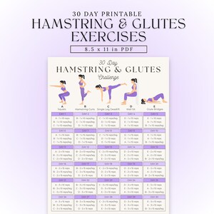 May include: Printable 30-day hamstring and glutes exercise chart. Includes illustrations of squats, hamstring curls, single leg deadlifts, wall sits, and glute bridges. Exercises are listed with reps and sets.