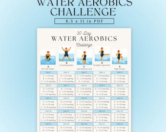 Ideas para clases de aeróbic acuático / Reto de 30 días / Aeróbic acuático imprimible / Ejercicios en piscina en PDF / Póster de fitness acuático / Rutina de ejercicios acuáticos