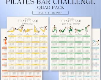 Può includere: Un pacchetto di quattro sfide di 30 giorni con barra Pilates stampabile in formato PDF da 21,59 x 27,94 cm. Il documento presenta tabelle di esercizi con illustrazioni di persone che eseguono vari movimenti, inclusi affondi e squat, con liste di controllo.