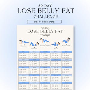Könnte beinhalten: Ein druckbares PDF-Dokument für eine 30-Tage-Bauchfett-weg-Challenge. Es enthält Illustrationen von fünf Übungen, beschriftet von A bis E: Unterarmstütz, Crunches, Mountain Climbers, Fahrrad-Crunches und Russian Twists, mit einem täglichen Plan.
