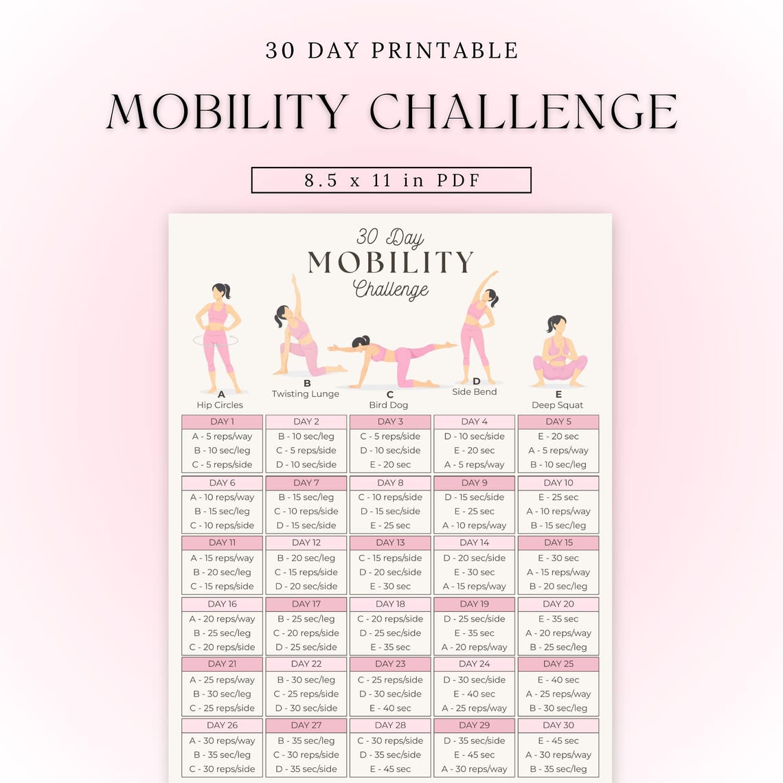 Printable Mobility 30 Day Mobility Challenge | Printable Mobility Routine | 30 Day Workout ...