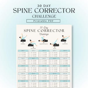 Puede incluir: Un gráfico PDF imprimible de desafío de 30 días para corrector de columna con ilustraciones de cinco ejercicios de Pilates etiquetados de la A a la E, incluyendo scissors, roll back, leg extensions, swan y jackknife, con una lista de verificación.