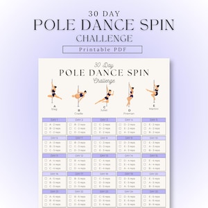 Peut inclure: Un tableau PDF imprimable de défi de 30 jours de tours de pole dance. Le document présente des illustrations de cinq mouvements de pole dance distincts étiquetés de A à E, suivies d'une grille de suivi quotidienne avec des cases à cocher.