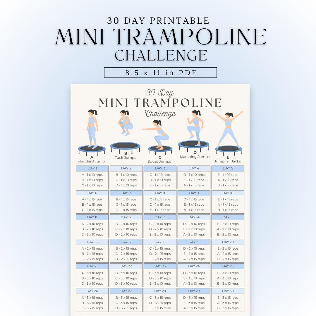 Trampoline Routine Card Mini Trampoline Workout Poster | 30 Day Challenge | Rebounder Exercises ...