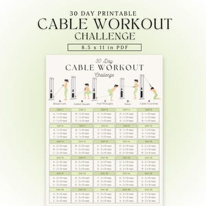 Puede incluir: Desafío de entrenamiento con cable de 30 días imprimible en formato PDF. El plan de entrenamiento incluye ejercicios como flexiones de bíceps, sentadillas con copa y abdominales con cable. El documento mide 21,6 x 27,9 cm.