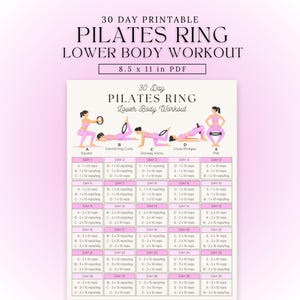 Könnte beinhalten: Ein druckbarer 30-Tage-Trainingsplan für den Unterkörper mit Pilates-Ring im PDF-Format. Die rosa und weiße Tabelle zeigt Übungsillustrationen und einen Tagesplan für Kniebeugen, Hamstring Curls usw.