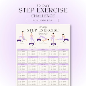 May include: A 30-day step exercise challenge printable PDF chart featuring illustrations of five exercises labeled A through E, including lunges, side toe taps, glute bridges, step and knee lifts, and tricep dips, with a daily tracking grid.