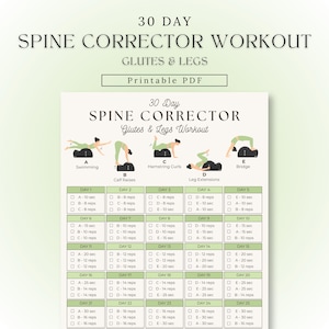 May include: A 30-day spine corrector workout printable PDF chart for glutes and legs. The document features five illustrated exercise positions labeled A through E, including swimming, calf raises, hamstring curls, leg extensions, and bridge, with a daily checklist.