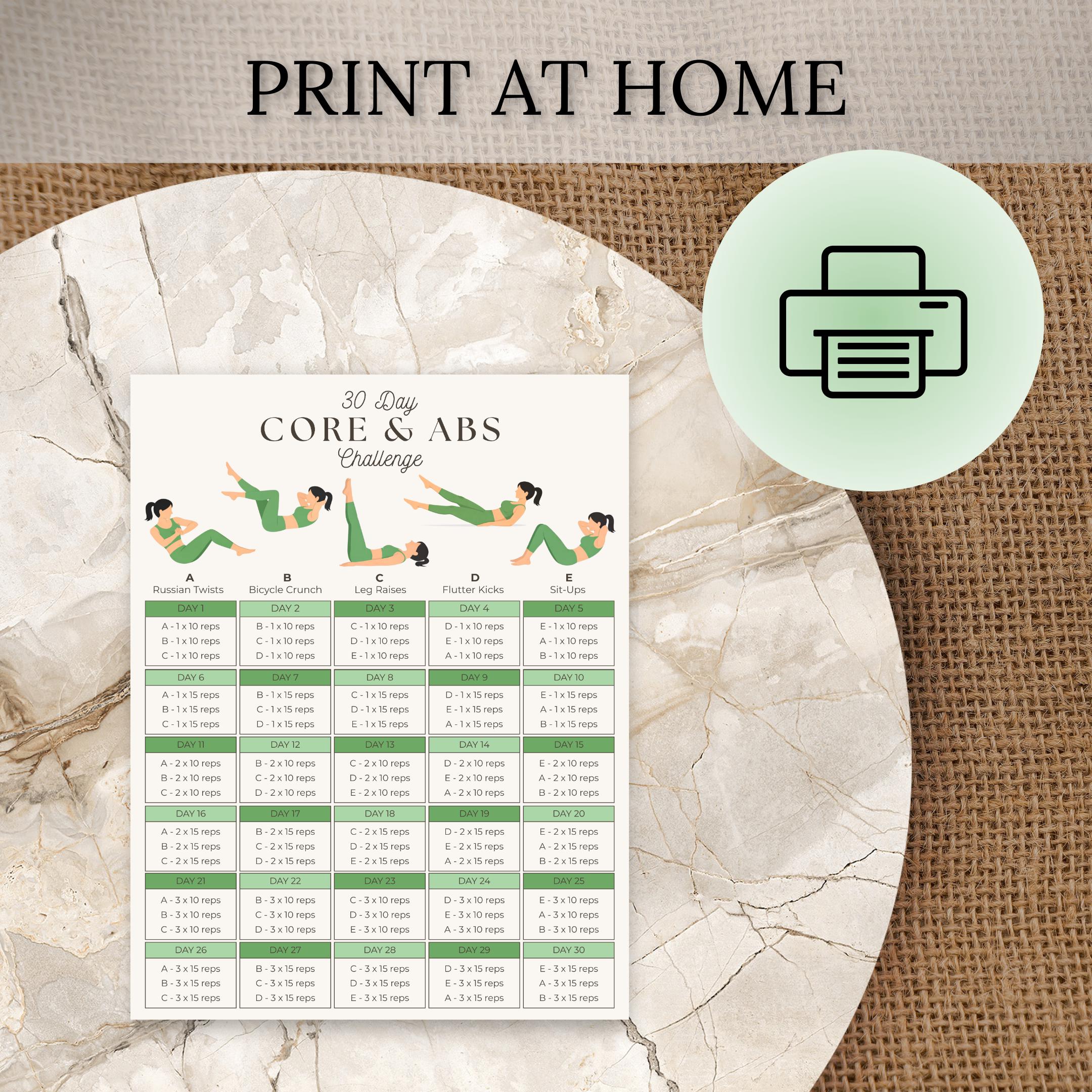 Core & Abs Workout Poster | 30 Day Ab Challenge Printable | Bodyweight ...