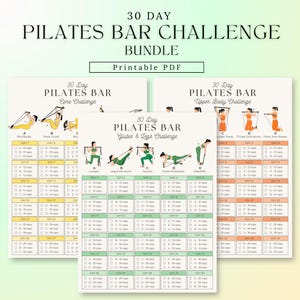 Può includere: Un pacchetto PDF stampabile per una sfida di 30 giorni con barra Pilates, composto da tre tabelle di allenamento. Ogni tabella mostra illustrazioni di esercizi, programmi giornalieri e ripetizioni per core, glutei, gambe e parte superiore del corpo.