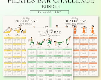 Può includere: Un pacchetto PDF stampabile per una sfida di 30 giorni con barra Pilates, composto da tre tabelle di allenamento. Ogni tabella mostra illustrazioni di esercizi, programmi giornalieri e ripetizioni per core, glutei, gambe e parte superiore del corpo.