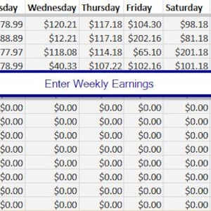 Pode incluir: Uma planilha com dados financeiros, incluindo datas, rendimentos e informações fiscais. O texto solicita aos usuários que insiram os ganhos semanais e os quilômetros percorridos. A planilha calcula as deduções de quilometragem e a renda líquida.