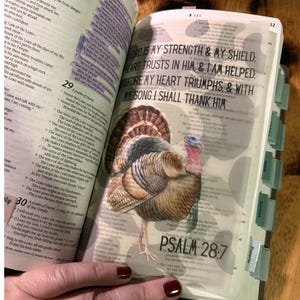 Könnte beinhalten: Eine offene Bibel mit einer Truthahn-Illustration. Der Text "LORD IS MY STRENGTH & MY SHIELD" ist sichtbar. Das Bild enthält den Text "PSALM 28:7" und mehrere Registerkarten.