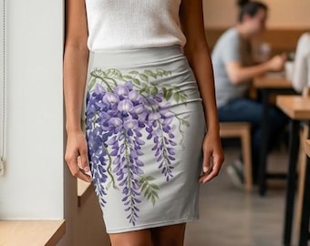 Purple Wisteria Floral Pencil Skirt | Botanical Spring Flowers