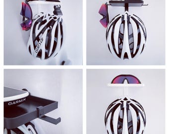 May include: A collection of images showcasing bicycle helmet storage solutions. Each image features a white and black helmet, along with accessories like sunglasses and a water bottle. The storage units are mounted on a white wall.
