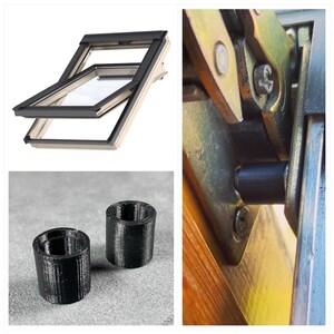 Op de afbeelding: Een open dakraam met een zwart frame en een glazen paneel. Er worden ook twee kleine, zwarte cilindrische objecten getoond. Een close-up van een metalen scharnier met een zwarte cilindrische pin is ook zichtbaar.