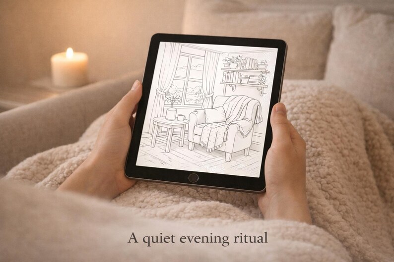 May include: A tablet displays a black and white illustration of a cozy living room scene with a window, armchair, and side table. The tablet is held by hands resting on a soft, textured blanket. Text at the bottom reads "A quiet evening ritual."