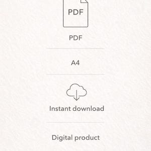 May include: A digital product graphic with the text "PDF" inside a document icon. Below, the text "PDF", "A4", "Instant download", and "Digital product" are displayed in a clean, minimalist style.