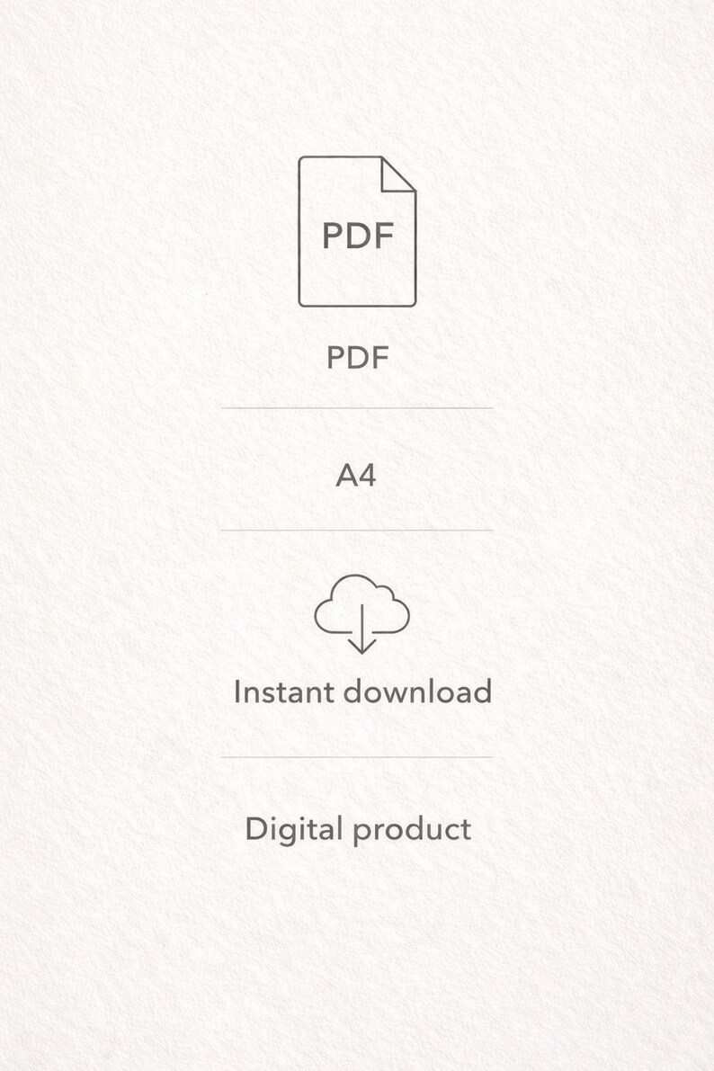 May include: A digital product graphic with the text "PDF" inside a document icon. Below, the text "PDF", "A4", "Instant download", and "Digital product" are displayed in a clean, minimalist style.