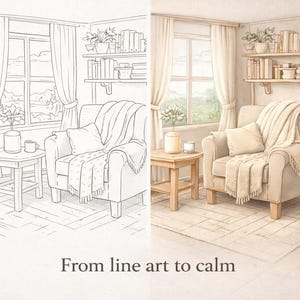May include: Watercolor illustration of a cozy living room with a beige armchair, throw blanket, and pillow. A small wooden side table, a window with curtains, and a bookshelf with books and plants complete the scene. The text "From line art to calm" is at the bottom.