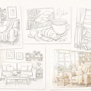 May include: A collection of five interior design sketches. Each sketch depicts a cozy living space with furniture, decor, and window views. The drawings are in a neutral color palette, suggesting a calming and inviting atmosphere.