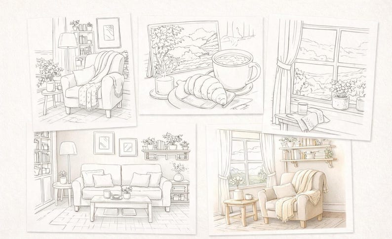 May include: A collection of five interior design sketches. Each sketch depicts a cozy living space with furniture, decor, and window views. The drawings are in a neutral color palette, suggesting a calming and inviting atmosphere.