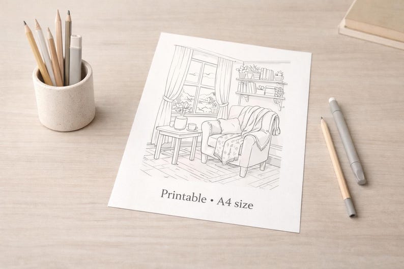 May include: A black and white line drawing of a cozy living room scene, including a window, armchair, and side table. The words "Printable &bull; A4 size" are printed on the paper. A pencil holder with pencils and a pen are on the table.