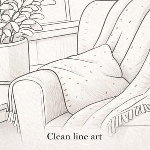 May include: Clean line art illustration of a cozy interior scene. A potted plant sits on a windowsill next to a comfortable armchair draped with a blanket and a decorative pillow. The blanket has a fringe.