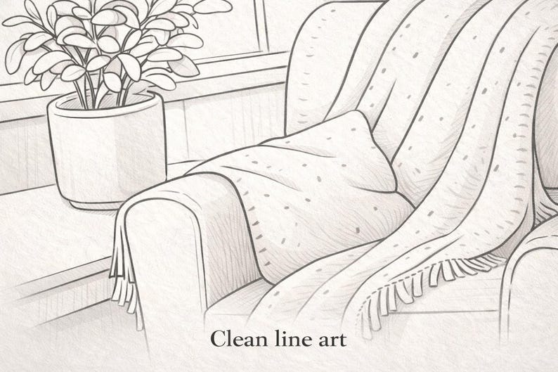 May include: Clean line art illustration of a cozy interior scene. A potted plant sits on a windowsill next to a comfortable armchair draped with a blanket and a decorative pillow. The blanket has a fringe.