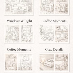 May include: A collection of pencil-drawn illustrations showcasing interior design themes. The images include living spaces, reading corners, windows, coffee moments, and cozy details. The text "Thoughtfully curated interiors" is at the bottom.