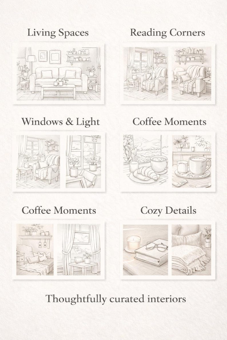 May include: A collection of pencil-drawn illustrations showcasing interior design themes. The images include living spaces, reading corners, windows, coffee moments, and cozy details. The text "Thoughtfully curated interiors" is at the bottom.