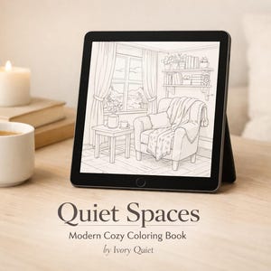 May include: A digital tablet displays a line drawing of a cozy living room scene, with a chair, side table, and window. The text "Quiet Spaces" and "Modern Cozy Coloring Book" are below the tablet. A lit candle, books, and a mug of coffee are in the foreground.
