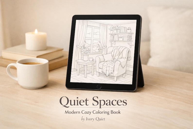 May include: A digital tablet displays a line drawing of a cozy living room scene, with a chair, side table, and window. The text "Quiet Spaces" and "Modern Cozy Coloring Book" are below the tablet. A lit candle, books, and a mug of coffee are in the foreground.