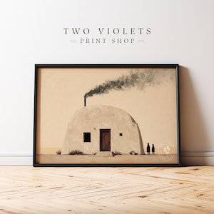 Southwestern Adobe Home Painting - Cozy Earthy Print, Vintage Style, Minimalist Desert Scene Art, Rustic Printable Wall Decor Download