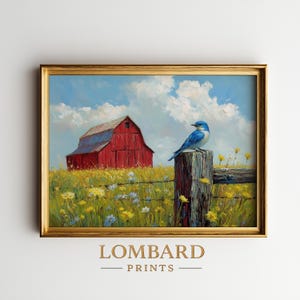 Printable Cottagecore Bluebird on Vintage Fence Post - Rustic Farmhouse Landscape Painting, Red Barn Art, Cozy Country Scene Digital Art 308